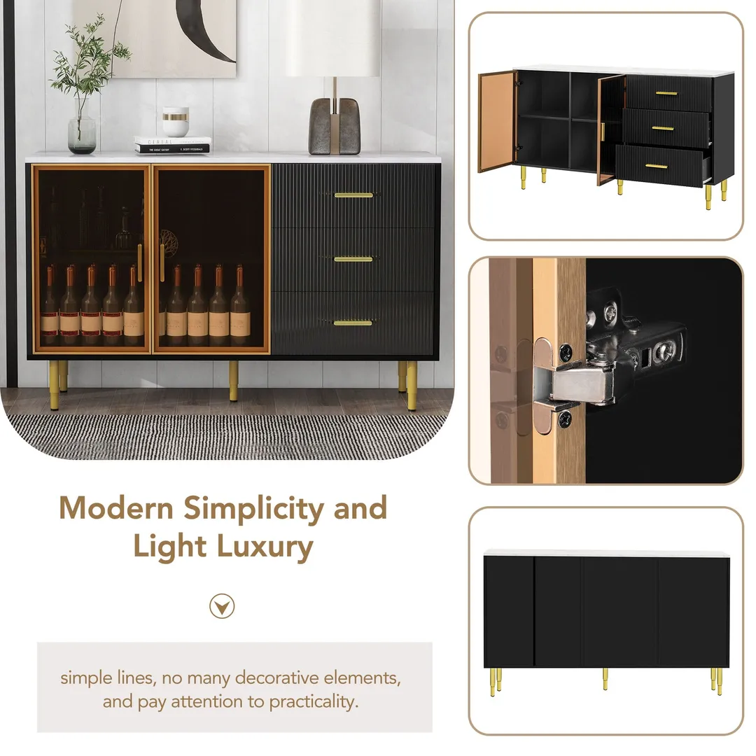 JIMSMAISON The amber-yellow glass doors and marble sticker tabletop are elegant and understated, and the gold metal legs reflect the texture, the design of this cabinet combines the features of modern simplicity and light luxury, photo 2 of 14