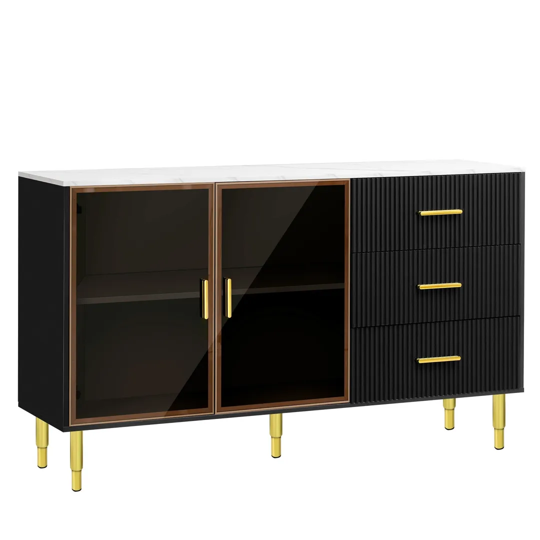 JIMSMAISON The amber-yellow glass doors and marble sticker tabletop are elegant and understated, and the gold metal legs reflect the texture, the design of this cabinet combines the features of modern simplicity and light luxury, photo 4 of 14