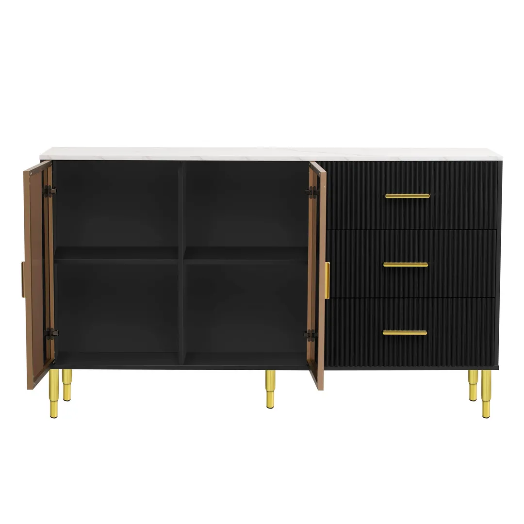 JIMSMAISON The amber-yellow glass doors and marble sticker tabletop are elegant and understated, and the gold metal legs reflect the texture, the design of this cabinet combines the features of modern simplicity and light luxury, photo 8 of 14