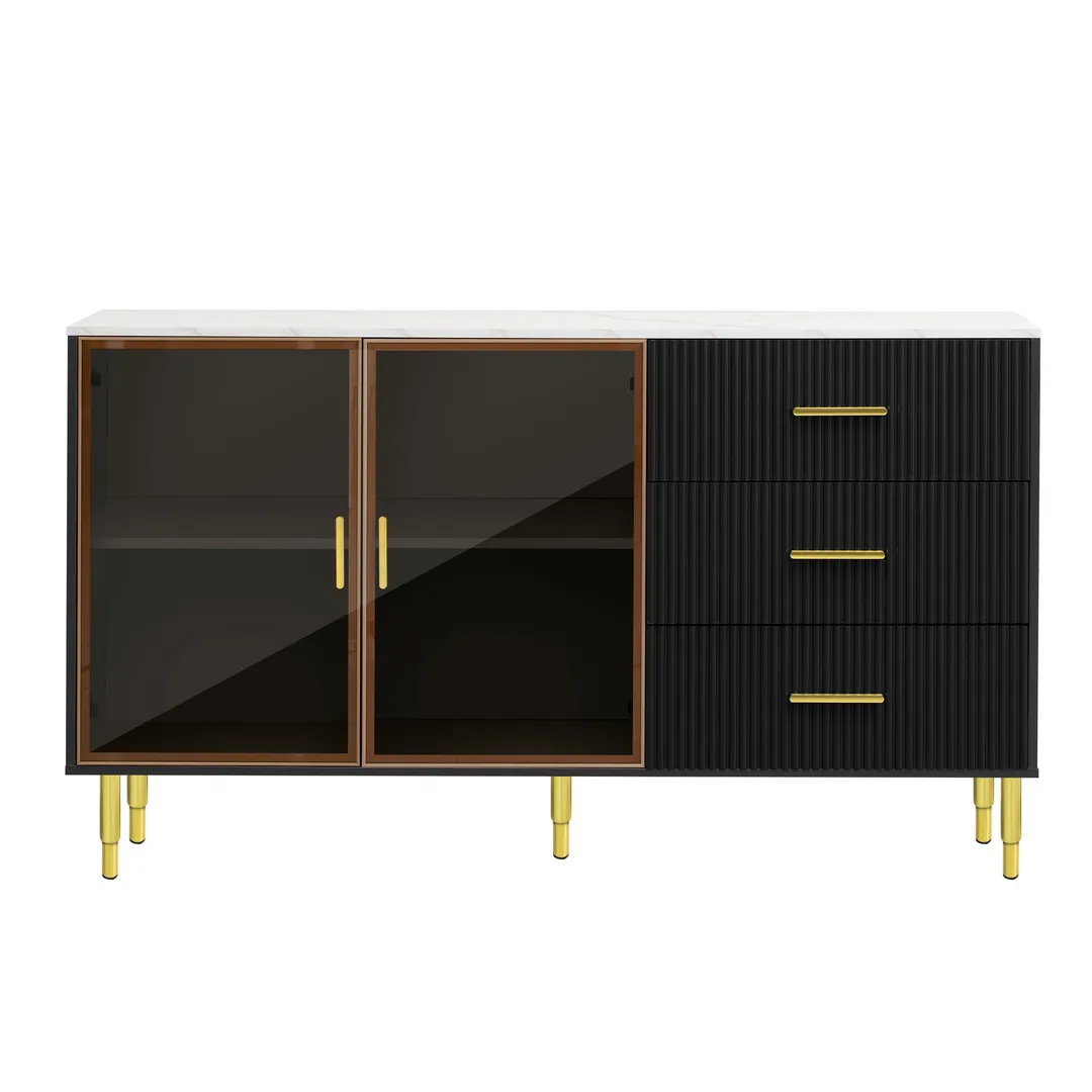 JIMSMAISON The amber-yellow glass doors and marble sticker tabletop are elegant and understated, and the gold metal legs reflect the texture, the design of this cabinet combines the features of modern simplicity and light luxury, photo 9 of 14