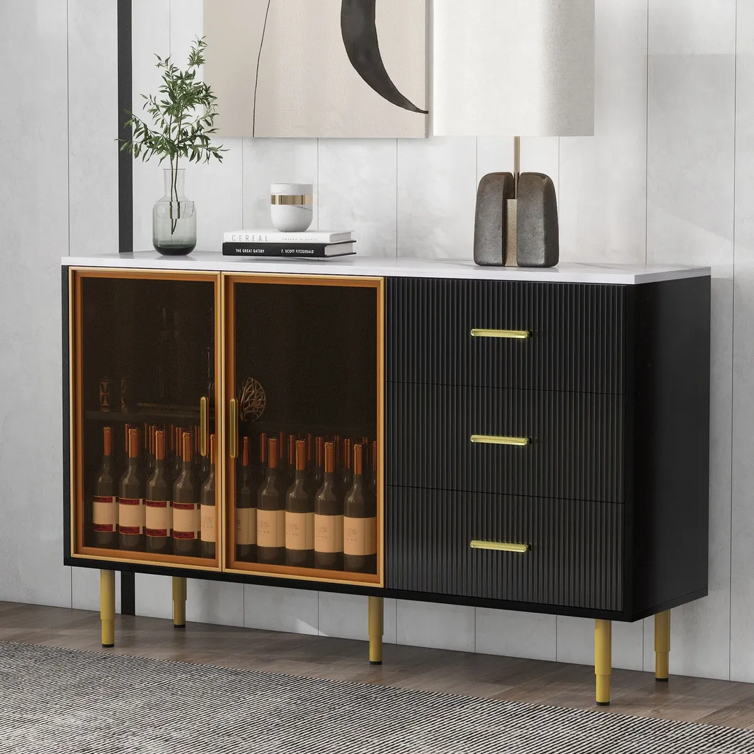 JIMSMAISON The amber-yellow glass doors and marble sticker tabletop are elegant and understated, and the gold metal legs reflect the texture, the design of this cabinet combines the features of modern simplicity and light luxury, photo 12 of 14