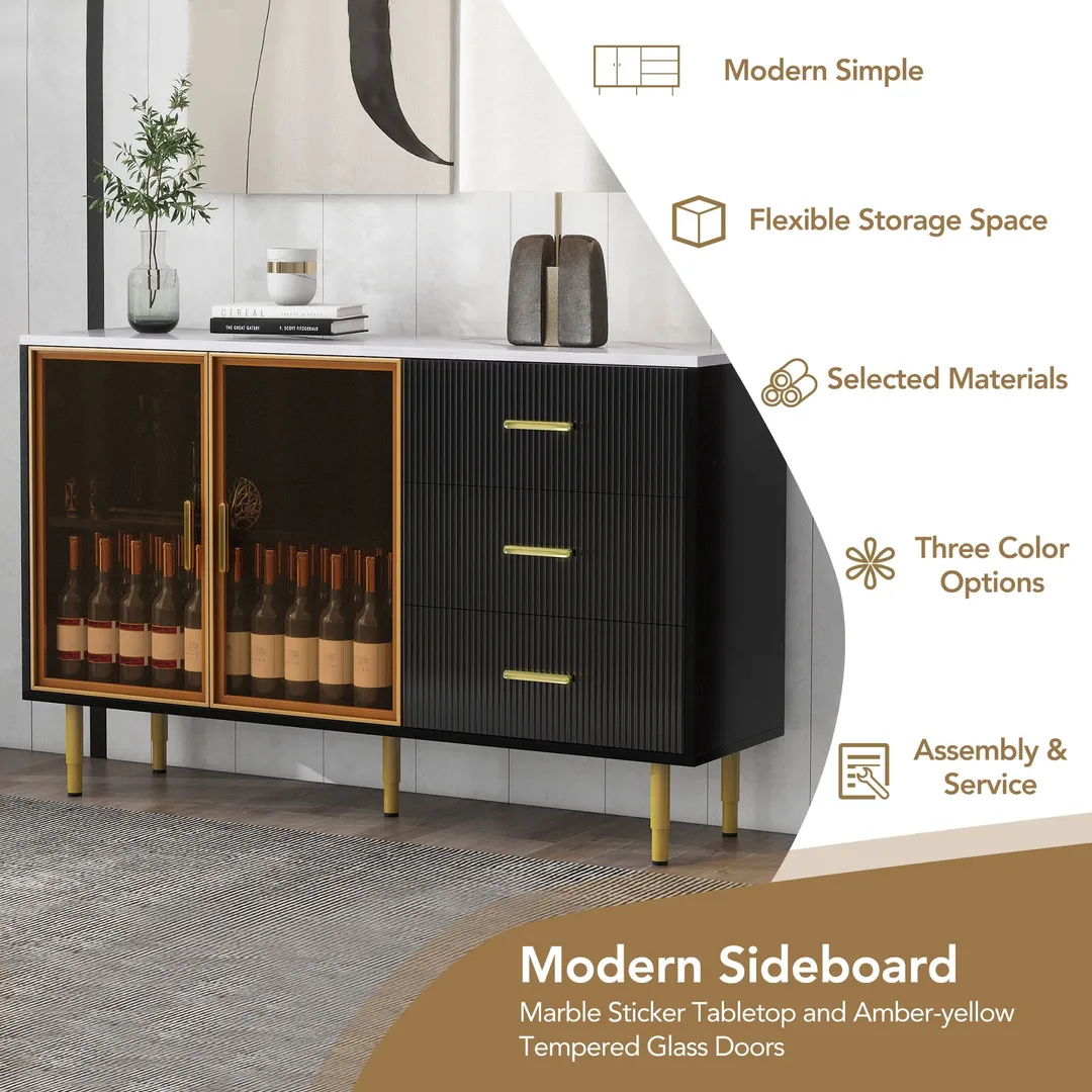 JIMSMAISON The amber-yellow glass doors and marble sticker tabletop are elegant and understated, and the gold metal legs reflect the texture, the design of this cabinet combines the features of modern simplicity and light luxury, photo 14 of 14
