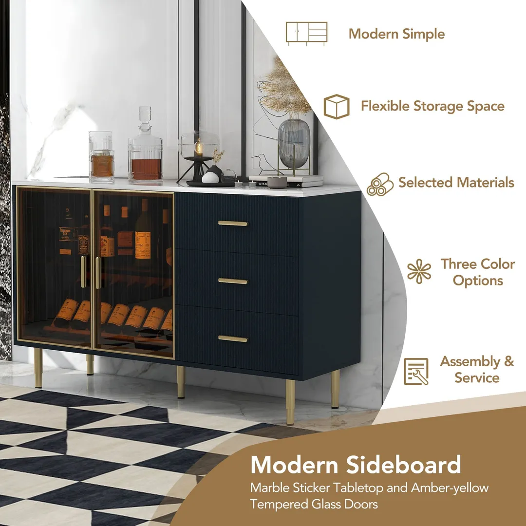 JIMSMAISON The amber-yellow glass doors and marble sticker tabletop are elegant and understated, and the gold metal legs reflect the texture, the design of this cabinet combines the features of modern simplicity and light luxury, photo 2 of 13