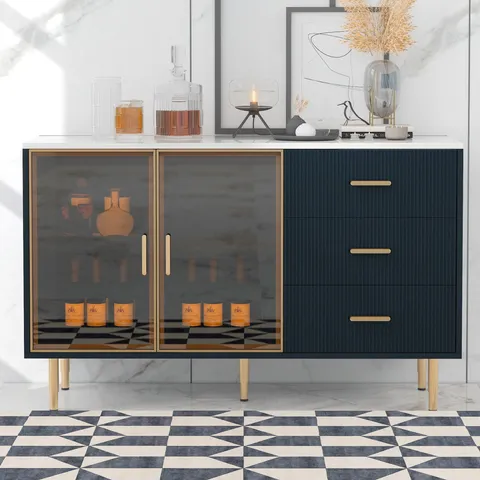 The amber-yellow glass doors and marble sticker tabletop are elegant and understated