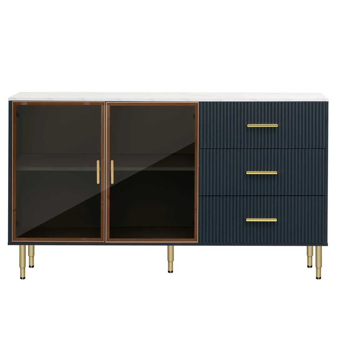 JIMSMAISON The amber-yellow glass doors and marble sticker tabletop are elegant and understated, and the gold metal legs reflect the texture, the design of this cabinet combines the features of modern simplicity and light luxury, photo 6 of 13
