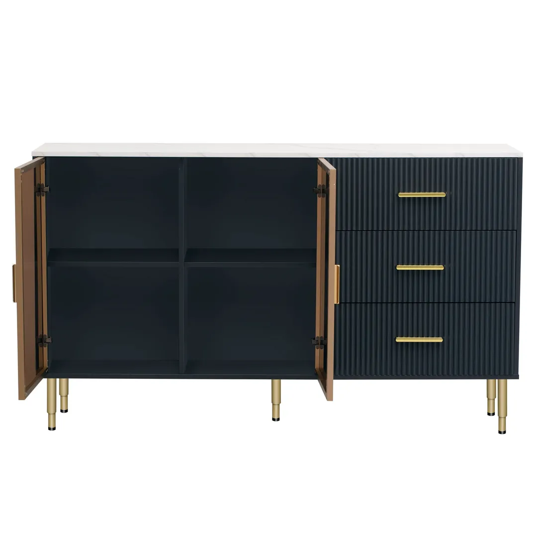 JIMSMAISON The amber-yellow glass doors and marble sticker tabletop are elegant and understated, and the gold metal legs reflect the texture, the design of this cabinet combines the features of modern simplicity and light luxury, photo 7 of 13