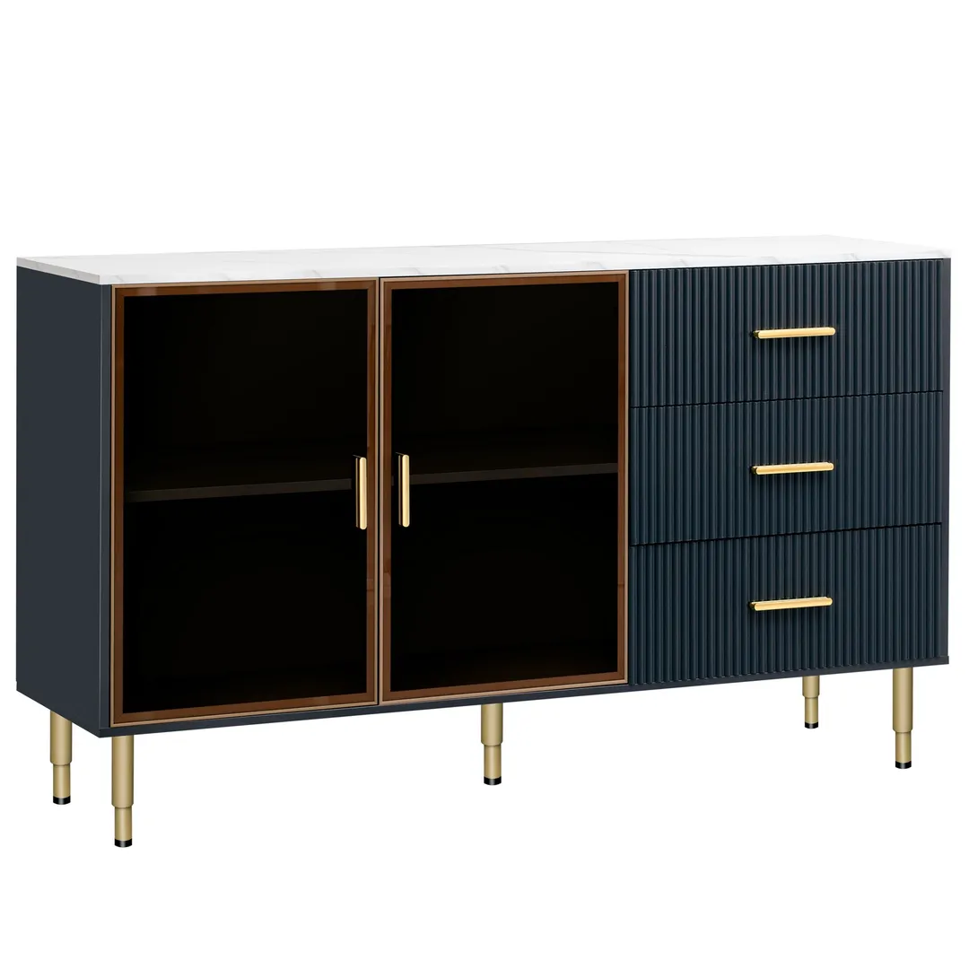 JIMSMAISON The amber-yellow glass doors and marble sticker tabletop are elegant and understated, and the gold metal legs reflect the texture, the design of this cabinet combines the features of modern simplicity and light luxury, photo 8 of 13