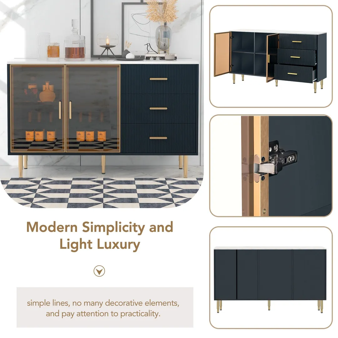 JIMSMAISON The amber-yellow glass doors and marble sticker tabletop are elegant and understated, and the gold metal legs reflect the texture, the design of this cabinet combines the features of modern simplicity and light luxury, photo 13 of 13