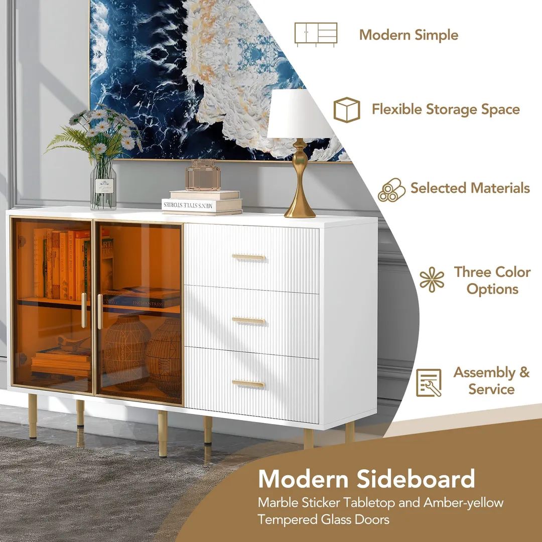 JIMSMAISON The amber-yellow glass doors and marble sticker tabletop are elegant and understated, and the gold metal legs reflect the texture, the design of this cabinet combines the features of modern simplicity and light luxury, photo 2 of 13