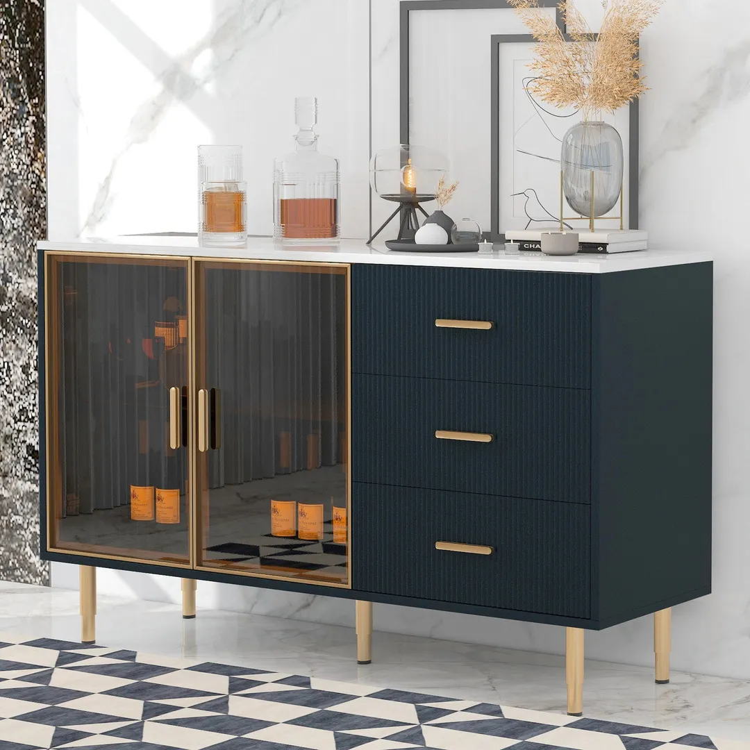 JIMSMAISON The amber-yellow glass doors and marble sticker tabletop are elegant and understated, and the gold metal legs reflect the texture, the design of this cabinet combines the features of modern simplicity and light luxury, photo 12 of 13