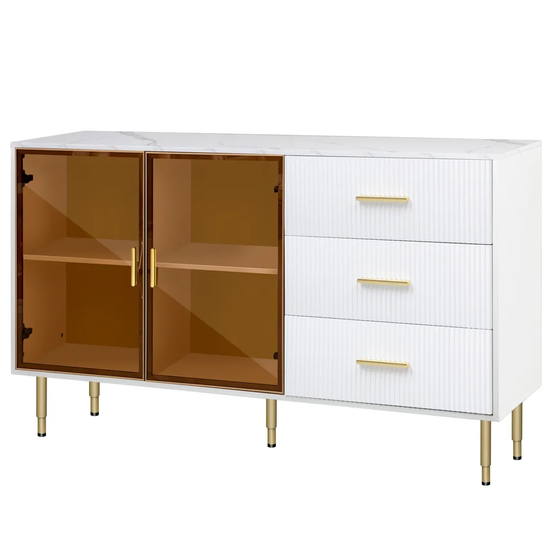 JIMSMAISON The amber-yellow glass doors and marble sticker tabletop are elegant and understated, and the gold metal legs reflect the texture, the design of this cabinet combines the features of modern simplicity and light luxury, photo 5 of 13
