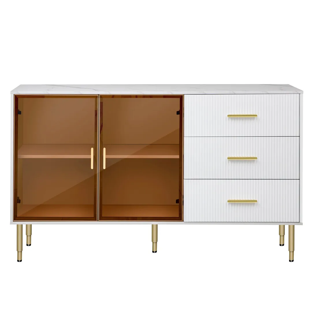 JIMSMAISON The amber-yellow glass doors and marble sticker tabletop are elegant and understated, and the gold metal legs reflect the texture, the design of this cabinet combines the features of modern simplicity and light luxury, photo 8 of 13