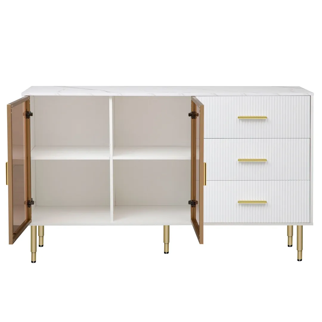 JIMSMAISON The amber-yellow glass doors and marble sticker tabletop are elegant and understated, and the gold metal legs reflect the texture, the design of this cabinet combines the features of modern simplicity and light luxury, photo 9 of 13