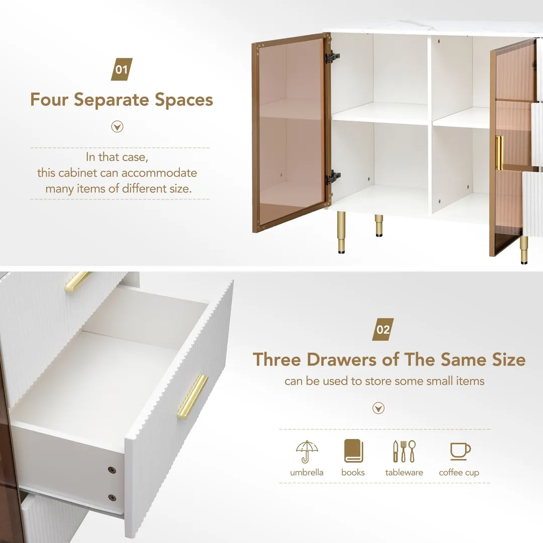 JIMSMAISON The amber-yellow glass doors and marble sticker tabletop are elegant and understated, and the gold metal legs reflect the texture, the design of this cabinet combines the features of modern simplicity and light luxury, photo 10 of 13