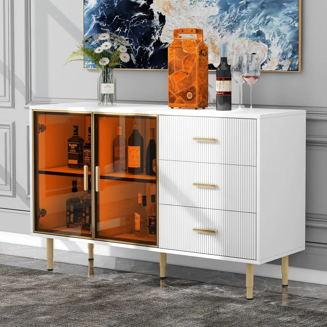JIMSMAISON The amber-yellow glass doors and marble sticker tabletop are elegant and understated, and the gold metal legs reflect the texture, the design of this cabinet combines the features of modern simplicity and light luxury, photo 12 of 13