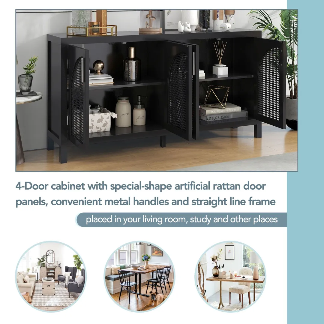 JIMSMAISON The 4-door cabinet with special-shape artificial rattan door panels, convenient metal handles, and a straight-line frame, is an ideal choice for any room in your home, photo 6 of 14