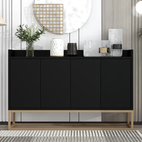 This sideboard buffet cabinet features a black cabinet body with gold metal legs