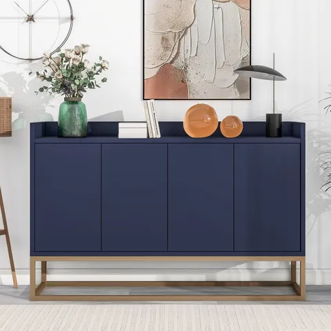 This sideboard buffet cabinet features a navy cabinet body with gold metal legs