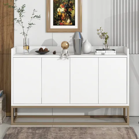 This sideboard buffet cabinet features a white cabinet body with gold metal legs