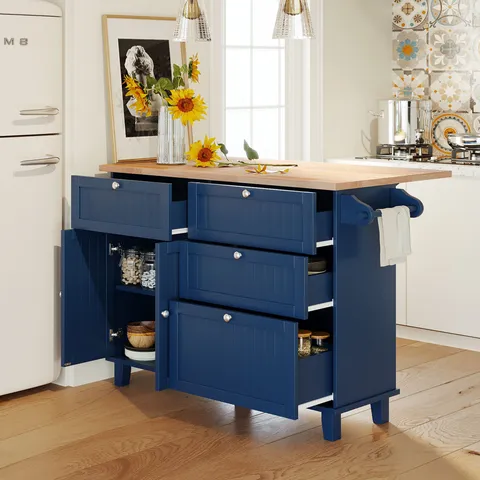 Blue Wood Base with Wood Top Kitchen Island