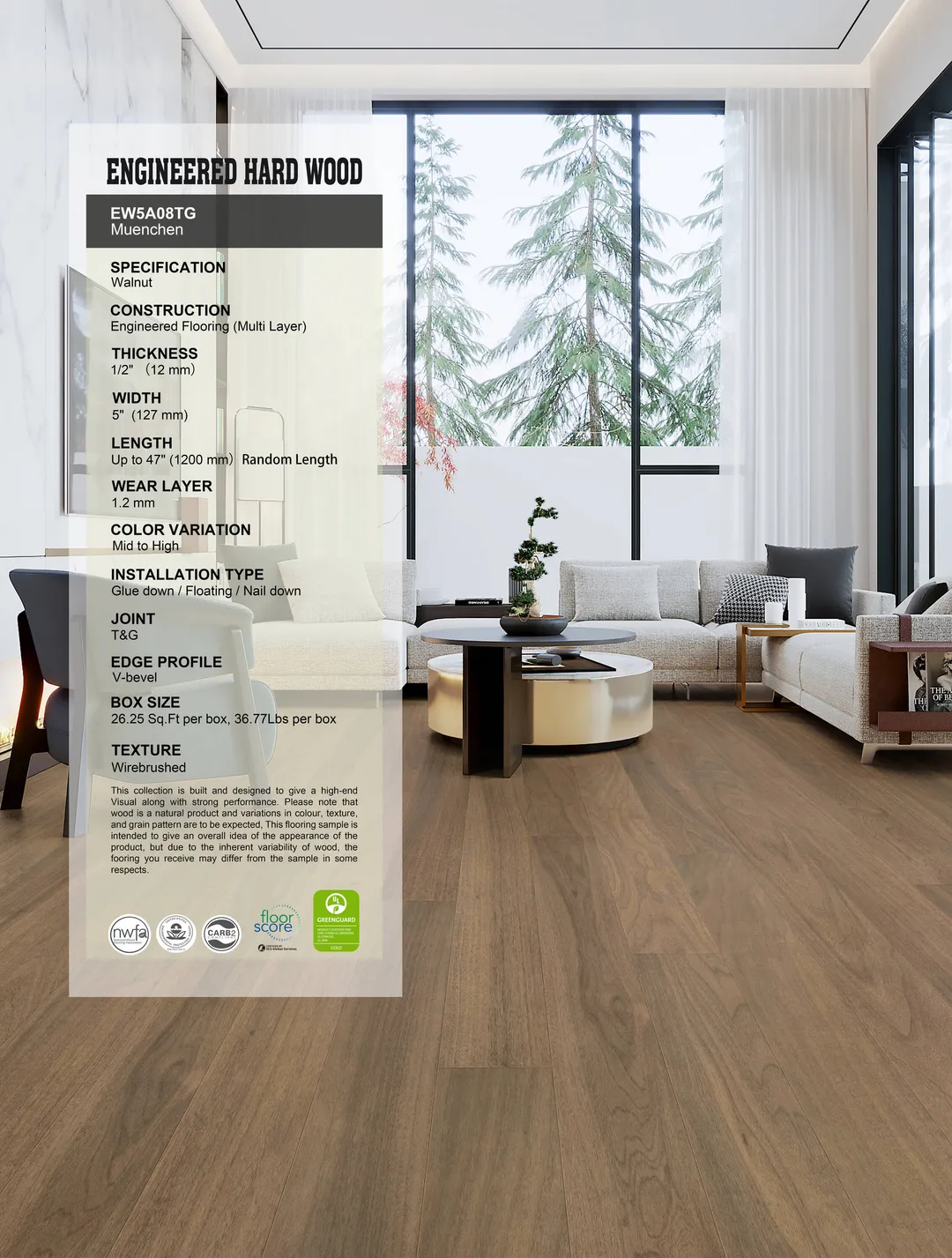 allen + roth Muenchen Walnut 1/2-in T x 5-in W Wirebrushed Engineered Hardwood Flooring ( 26.25-sq ft / Carton ), photo 5 of 8