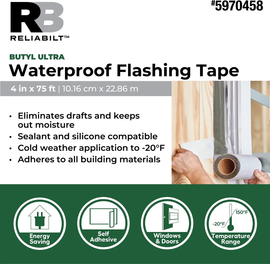 RELIABILT Butyl Ultra Waterproof Flashing Tape, Self-Adhesive – 4 in x 75 ft, White, photo 3 of 3