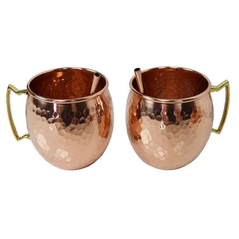 Solid Round Pair of 100% Copper Moscow Mule Mug Cups with Straws 17 oz Hammered Handcrafted 5 in long · 3.5 in wide · 4 in high