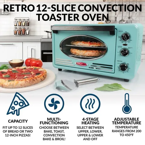 Retro 1500 W Aqua 12-Slice Convection Toaster Oven with Built-in Timer