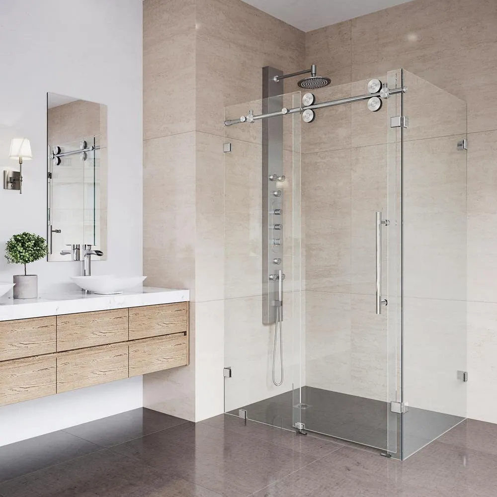 Winslow 34.625 in. x 74 in. Frameless Corner Bypass Shower Enclosure in Stainless Steel with Clear Glass, photo 3 of 15