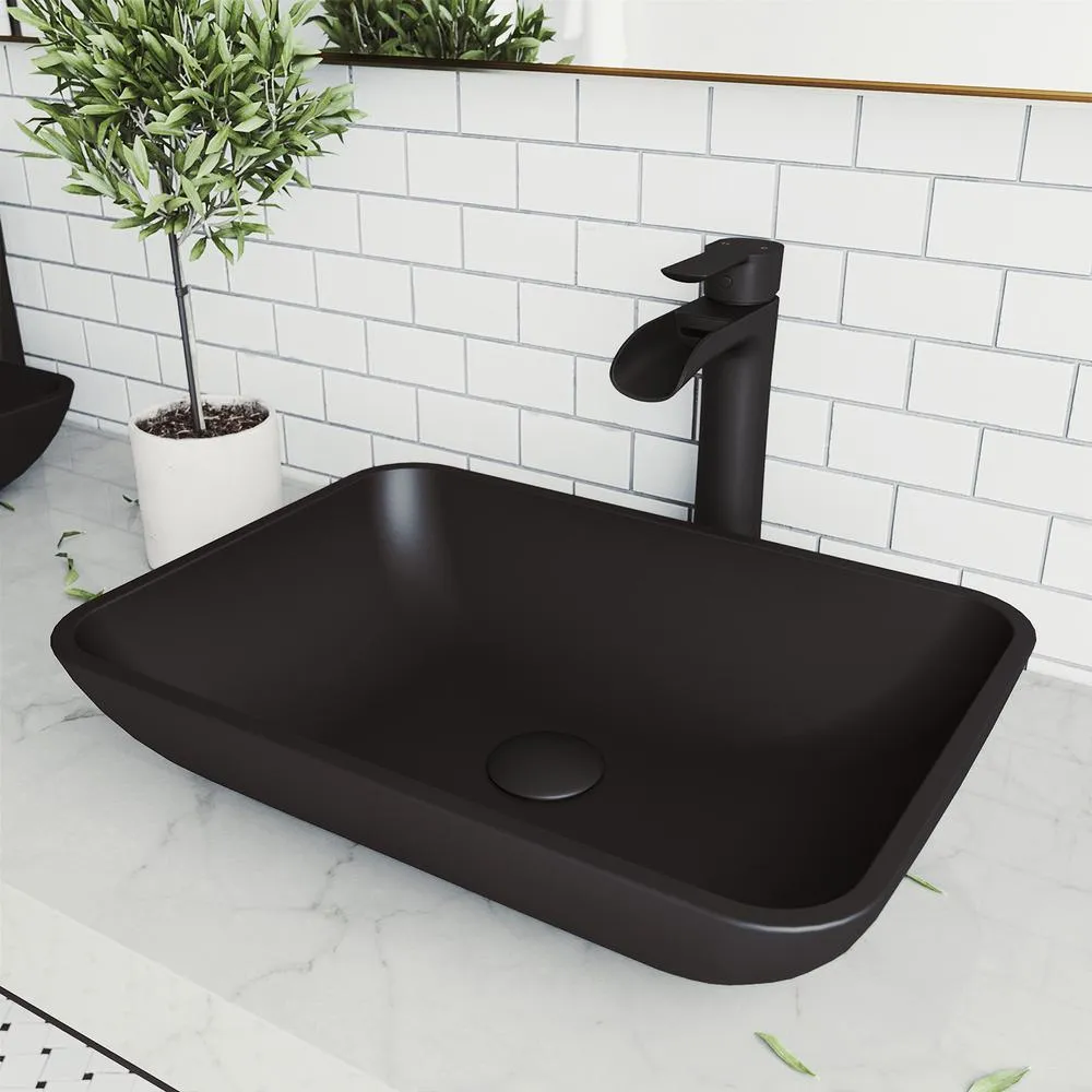 VIGO Sottile Glass Vessel Bathroom Sink in Black with Niko Faucet in Matte Gold, photo 4 of 4