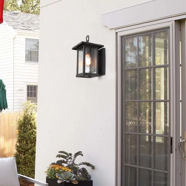 1-Light Transitional Outdoor Wall Light Lantern Sconce with Watered Glass Matt Black Coach Light LED Compatible, photo 15 of 17