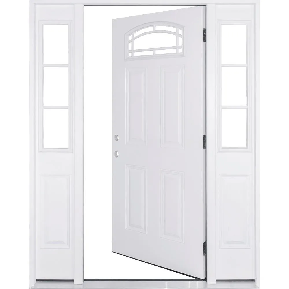Steves & Sons 72 in. x 80 in. Camber Top Primed White Steel Prehung Front Door with 16 in. 3-Lite Sidelites, Right-Hand Inswing, 6-9/16 in. Frame, photo 3 of 13