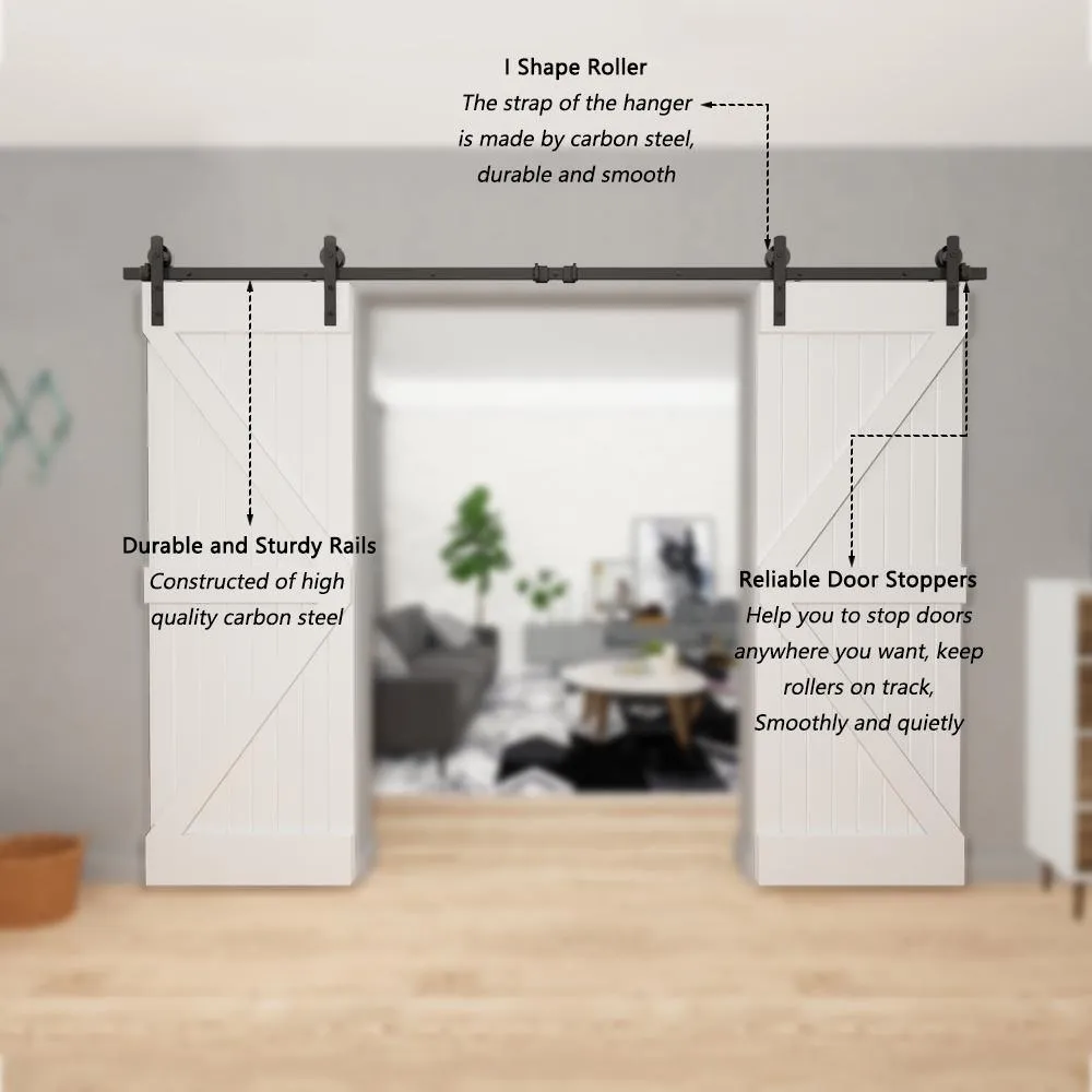 10 ft./120 in. Black Steel Straight Strap Sliding Barn Door Track and Hardware Kit for Double Doors with Floor Guide, photo 4 of 7