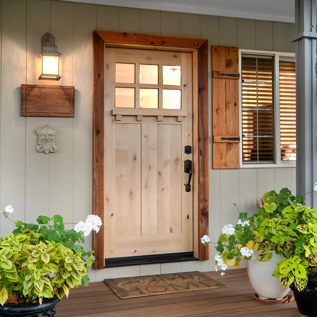 Krosswood Doors Krosswood 36 in. x 80 in. Craftsman Knotty Alder 6-Lite Clear Glass with Dentil Shelf Unfinished Wood Front Door Slab, photo 3 of 8