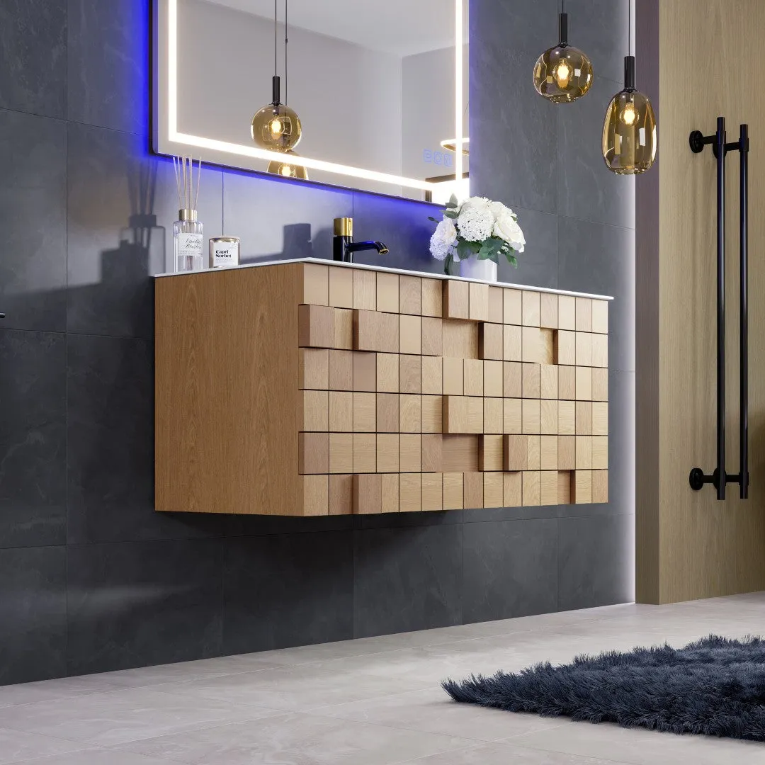 Eviva Mosaic 49"W x 20"D Natural Oak Wall Mount Bathroom Vanity with White Solid Surface Countertop and Integrated Sink, photo 3 of 7