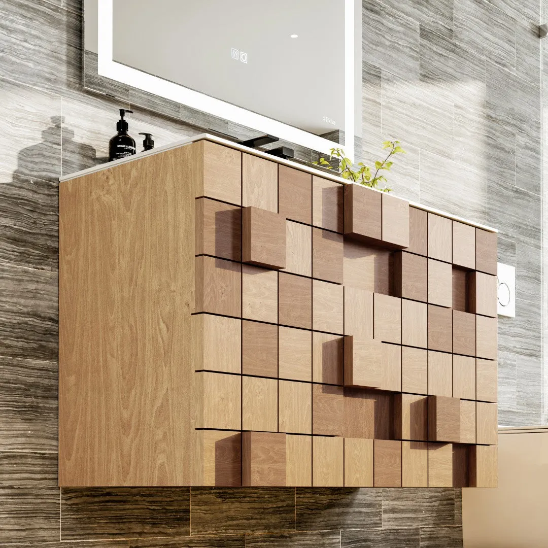 Eviva Mosaic 33"W x 20"D Natural Oak Wall Mount Bathroom Vanity with White Solid Surface Countertop and Integrated Sink, photo 5 of 7