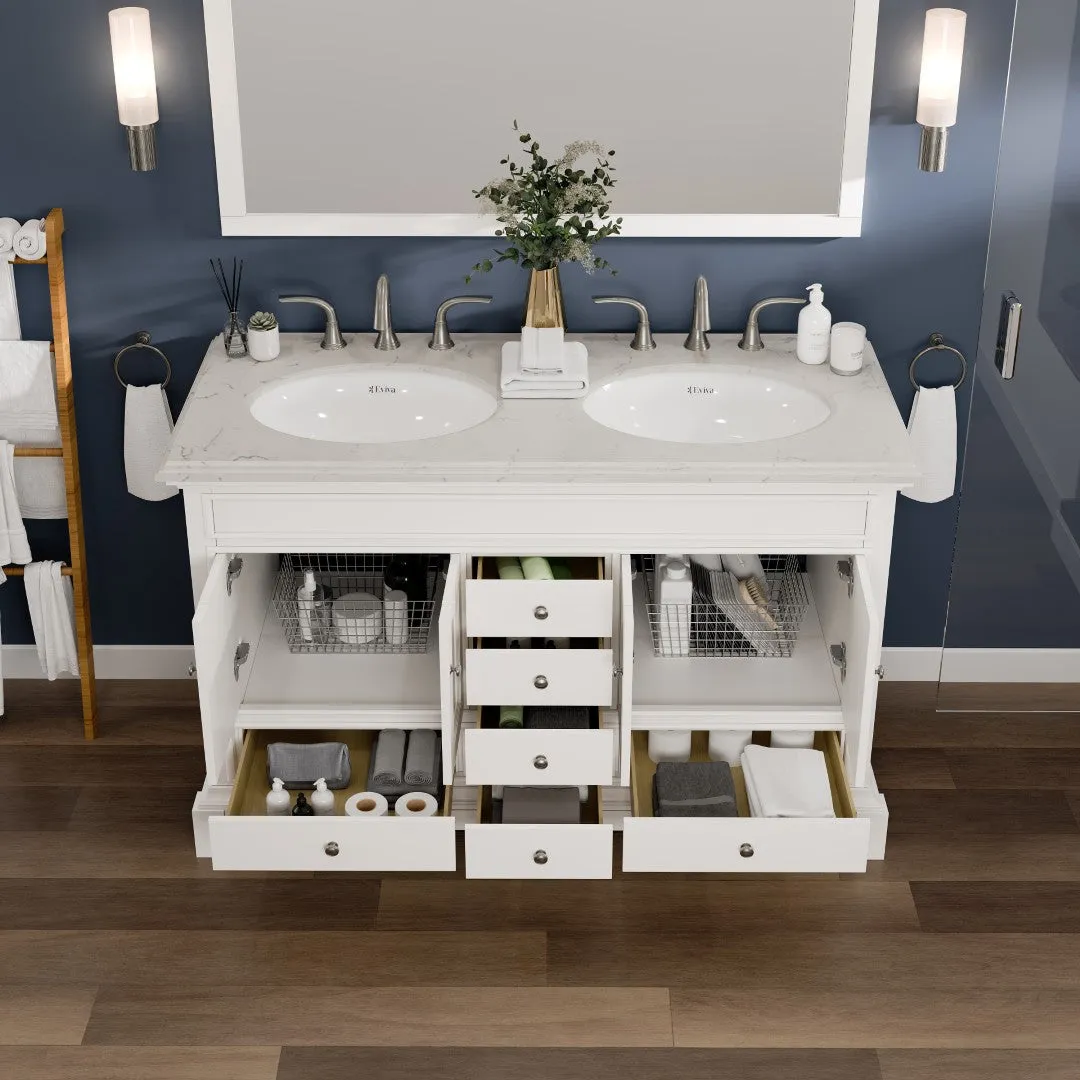 Eviva Elite Stamford 48 in. W x 24 in. D x 34 in. H Double Bath Vanity in White with White Carrara Top and Undermount White Sinks, photo 6 of 7