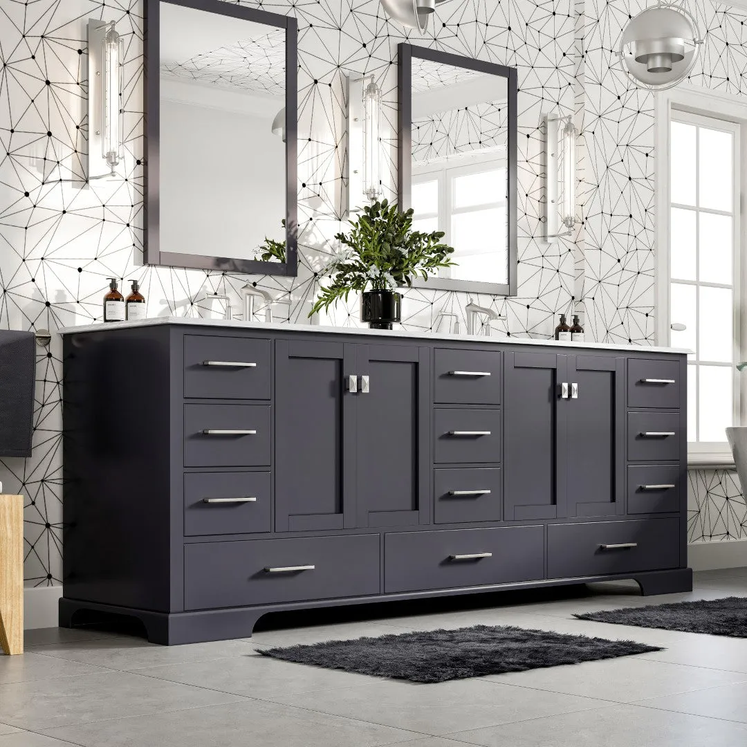 Eviva Storehouse 84 in. W x 22 in. D x 34 in. H Double Sink Bathroom Vanity in Dark Gray with White Carrara Marble Top and White Undermount Basins, photo 7 of 11