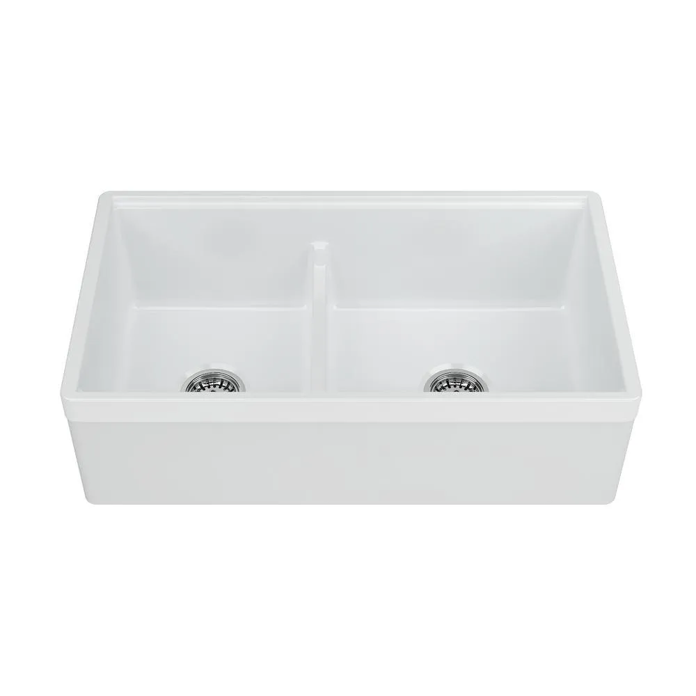 Yorkshire Farmhouse Fireclay 33 in. 55/45 Double Bowl Kitchen Sink with Cutting-Board, Grid and Strainer in White, photo 2 of 8