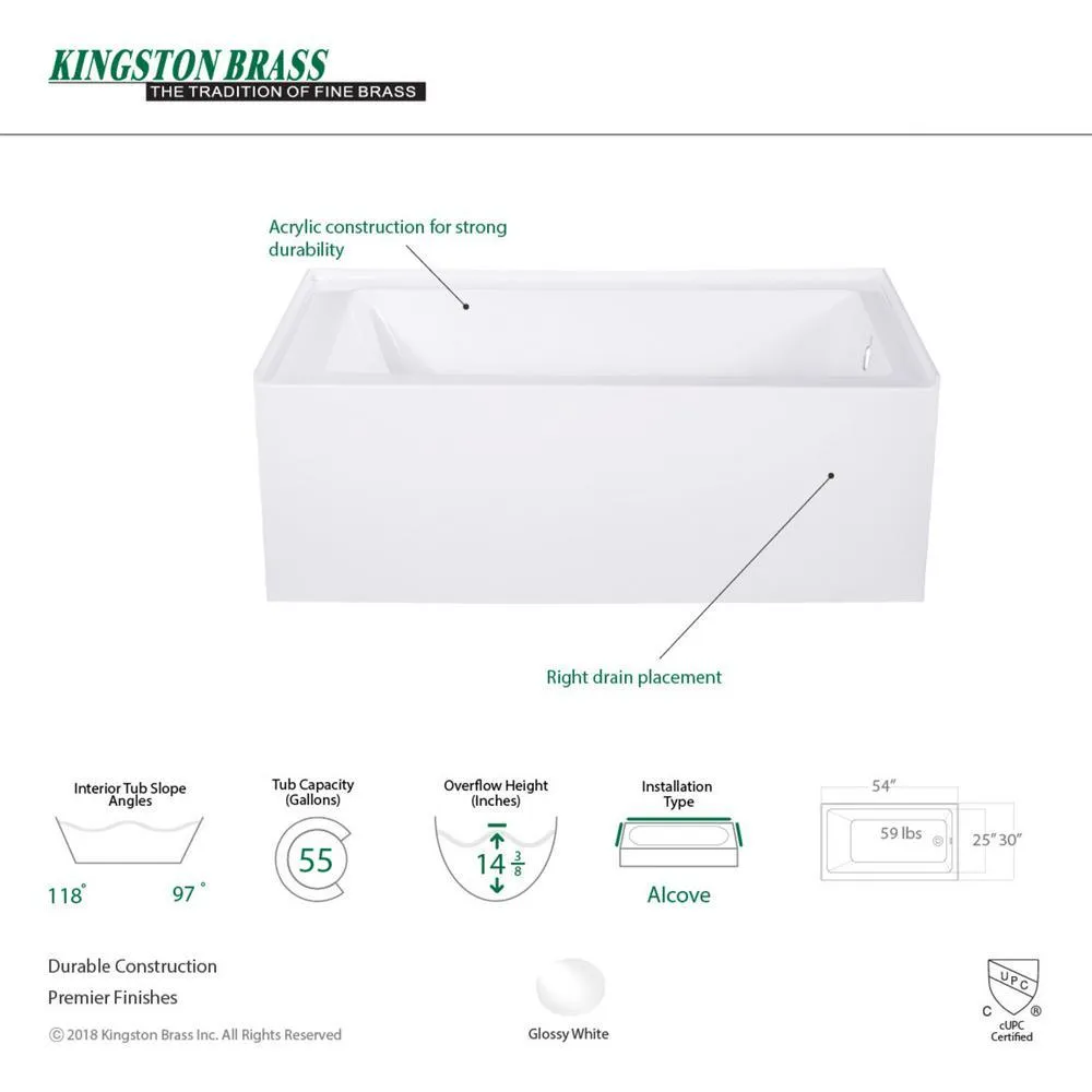 Aqua Eden Jenny 54 in. Acrylic Right-Hand Drain Rectangular Alcove Bathtub in White, photo 5 of 8