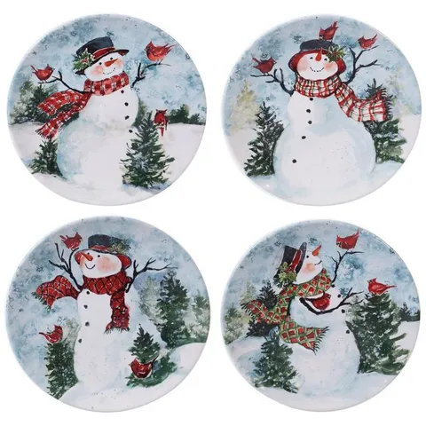 Watercolor Snowman 4-Piece Holiday Multicolored Earthenware 11 in. Dinner Plate Set