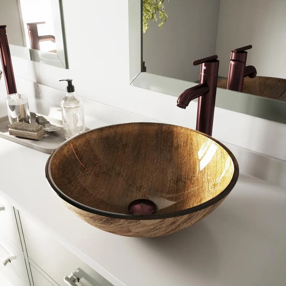 Glass Vessel Bathroom Sink in Gray Onyx and Seville Faucet Set in Matte Black, photo 26 of 27