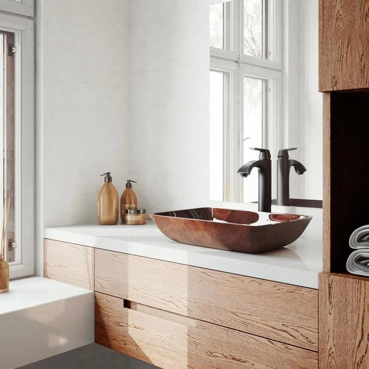 VIGO 18 Rectangular Russet Glass Vessel Bathroom Sink Set With Linus Vessel Faucet In Antique Rubbed Bronze, photo 6 of 11