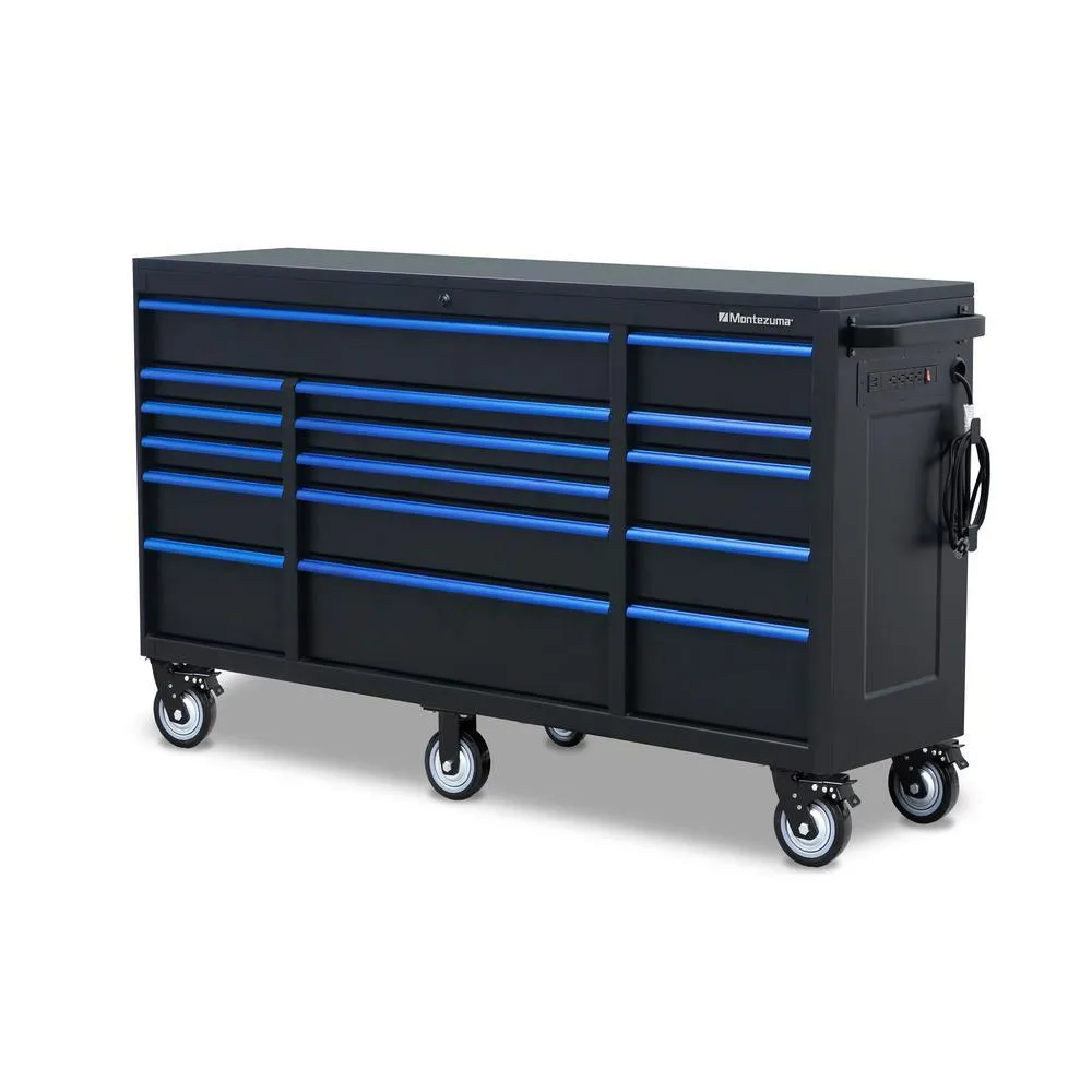Montezuma 72 in. x 20 in. 16-Drawer Roller Cabinet Tool Chest with Power and USB Outlets in Black and Blue, photo 3 of 11