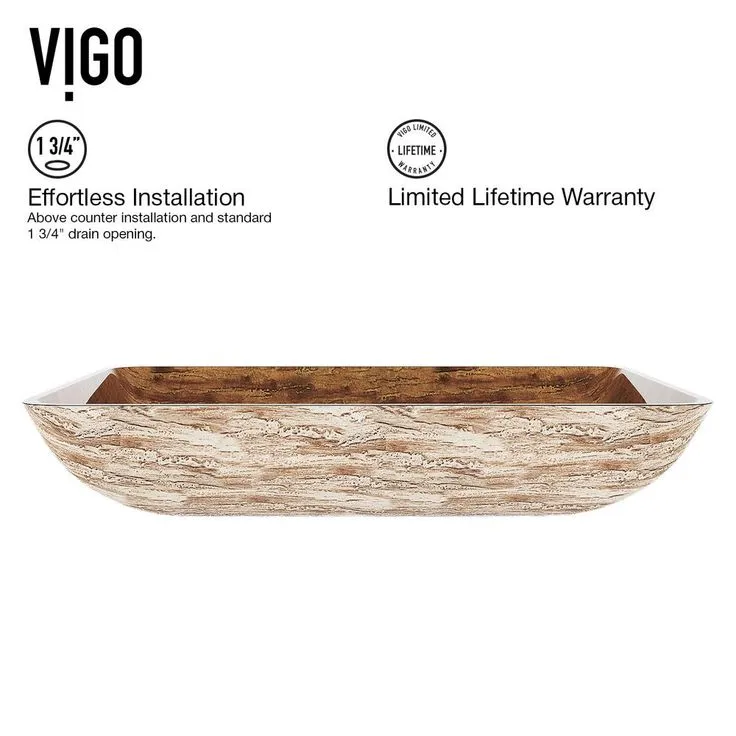 VIGO Amber Sunset Handmade Countertop Glass Rectangle Vessel Bathroom Sink in Light Wood, photo 8 of 8