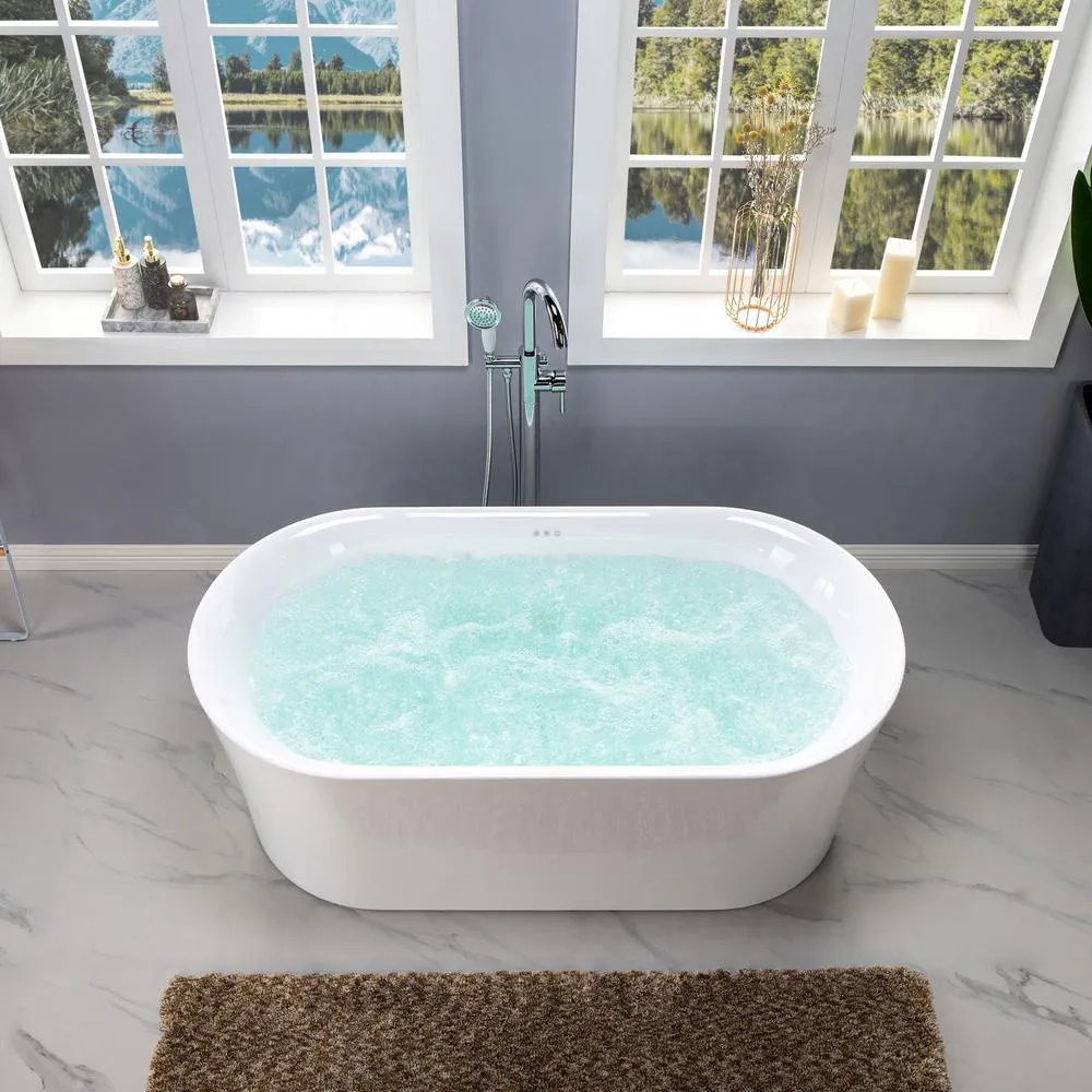 WOODBRIDGE Tion 59 in. Acrylic Freestanding Double-Ended Air Bath Bathtub with Chrome Drain and Overflow, White, photo 12 of 18