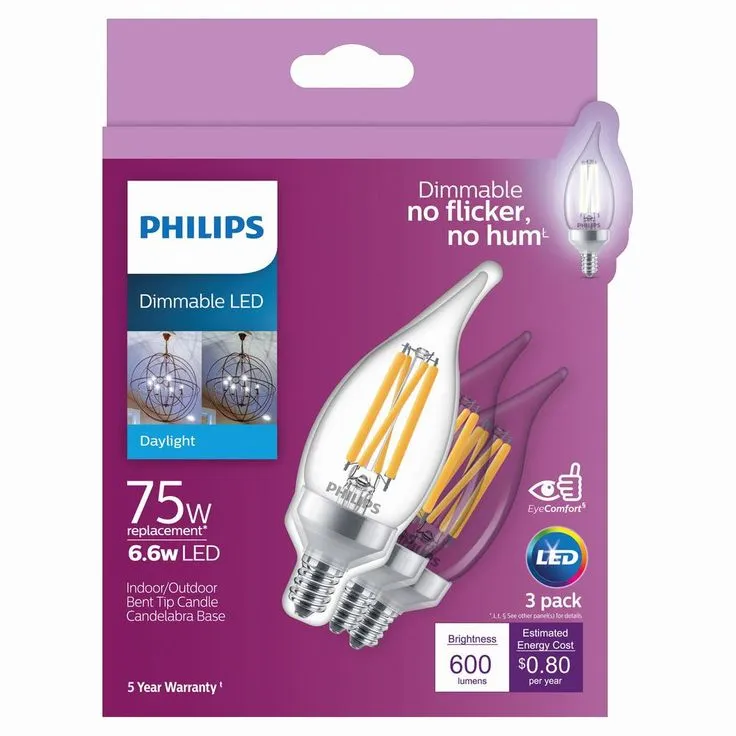 Philips 75-Watt Equivalent BA11 Dimmable Edison Glass LED Candle Light Bulb Bent Tip Candelabra Base Daylight (5000K) (12-Pack), photo 6 of 7