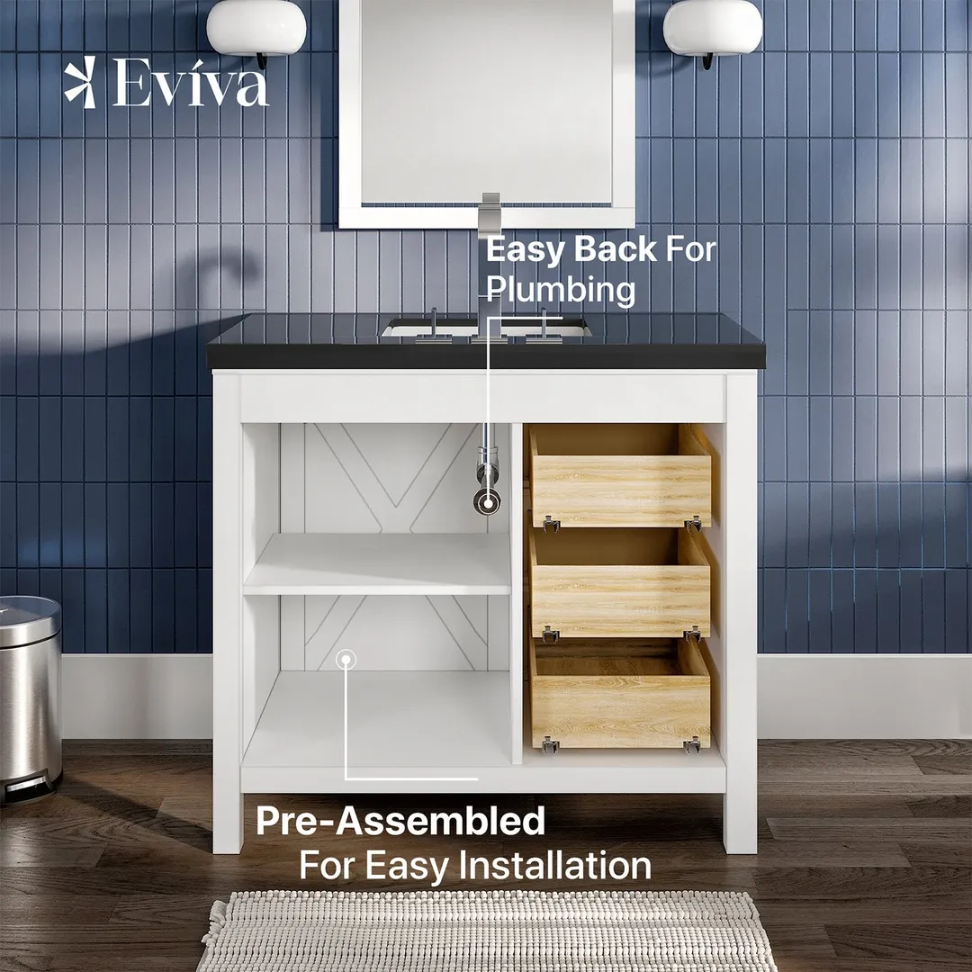 Eviva Dallas 36 in. W x 22 in. D x 34 in. H Bath Vanity in White with Black Granite Top and Black Sink, photo 6 of 7