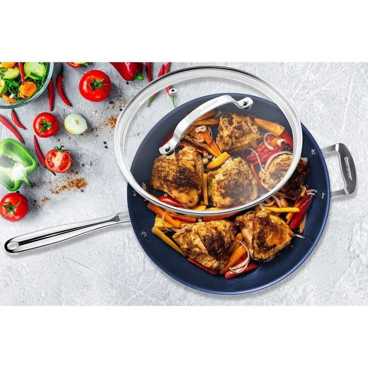 Classic Blue 14 in. Aluminum Ultra-Durable Mineral and Diamond Infused Family Skillet with Glass Lid and Helper Handle, photo 3 of 3