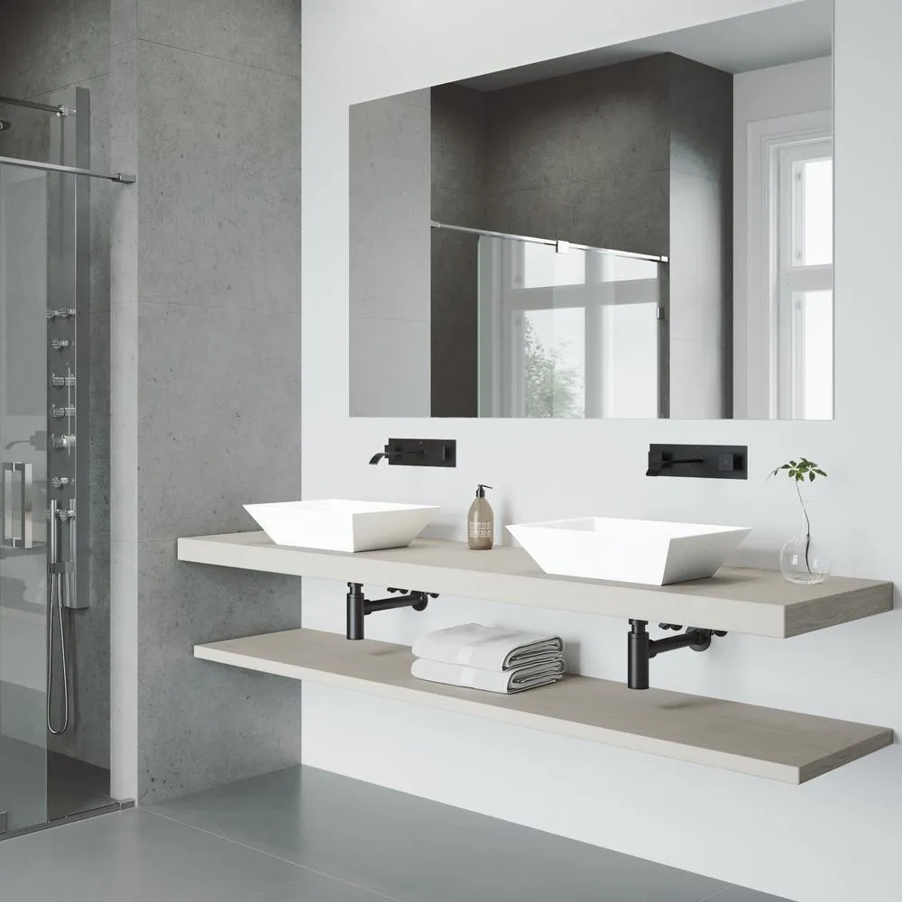 VIGO Vinca White Matte Stone Vessel Bathroom Sink Set with Titus Wall Mount Faucet in Matte Black, photo 2 of 12